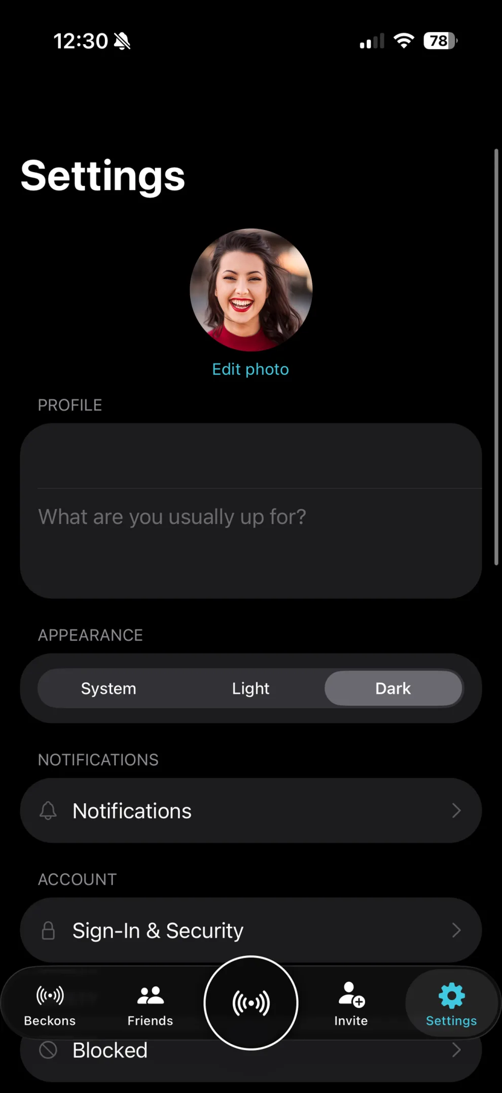 The Settings screen